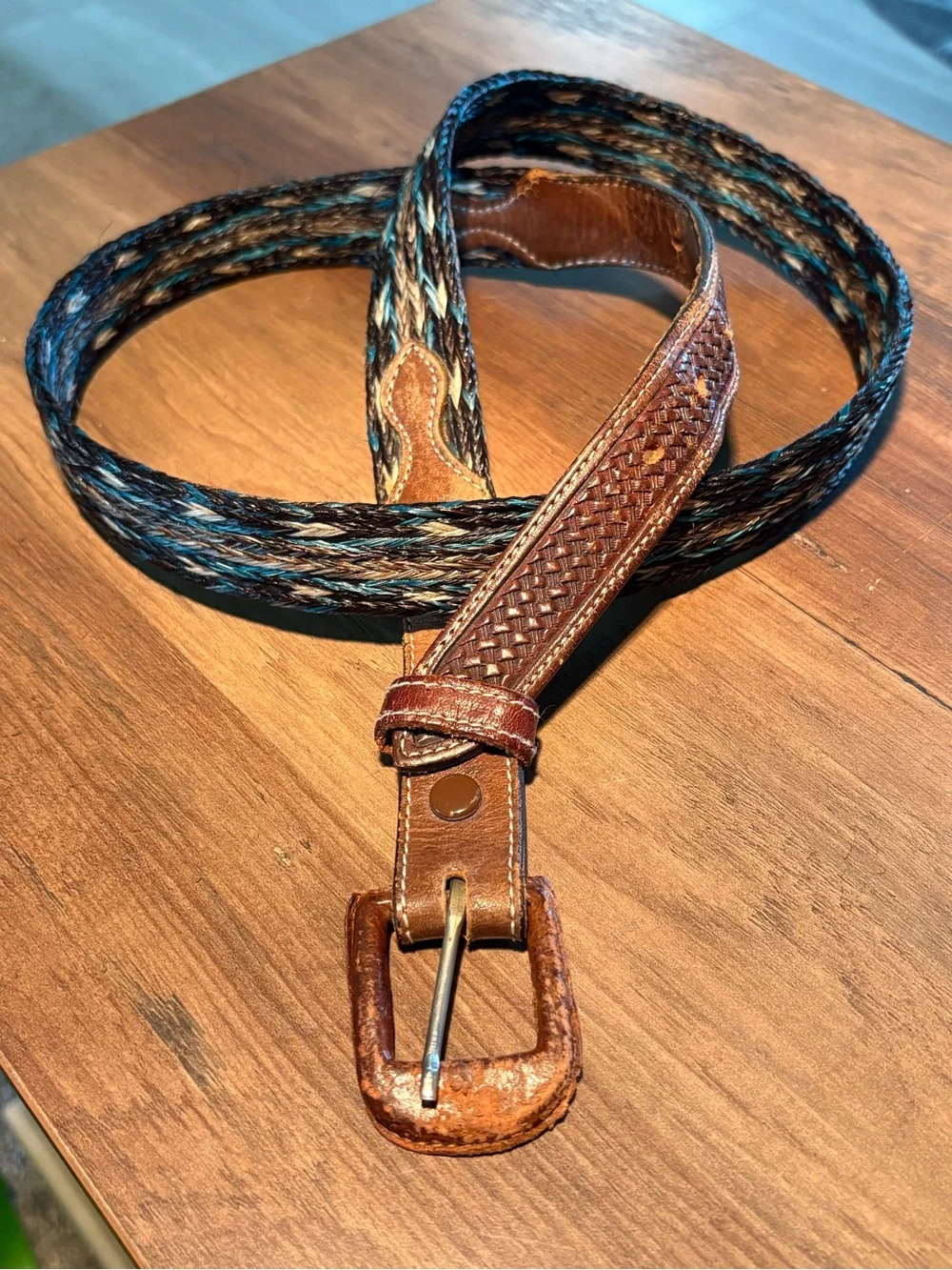 Vintage Braided Horsehair Western Belt Tooled Leather Turquoise Brown Gray 38